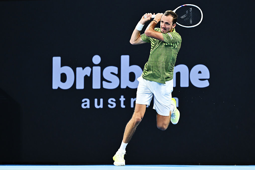 BRISBANE, AUSTRALIA - JANUARY 10: Daniil Medvedev of Russia plays a backhand in his Men's Singles Semi Final match against Alex Michelsen of USA during day six of the 2026 Brisbane International at Pat Rafter Arena on January 10, 2026 in Brisbane, Australia. (Photo by Albert Perez/Getty Images)