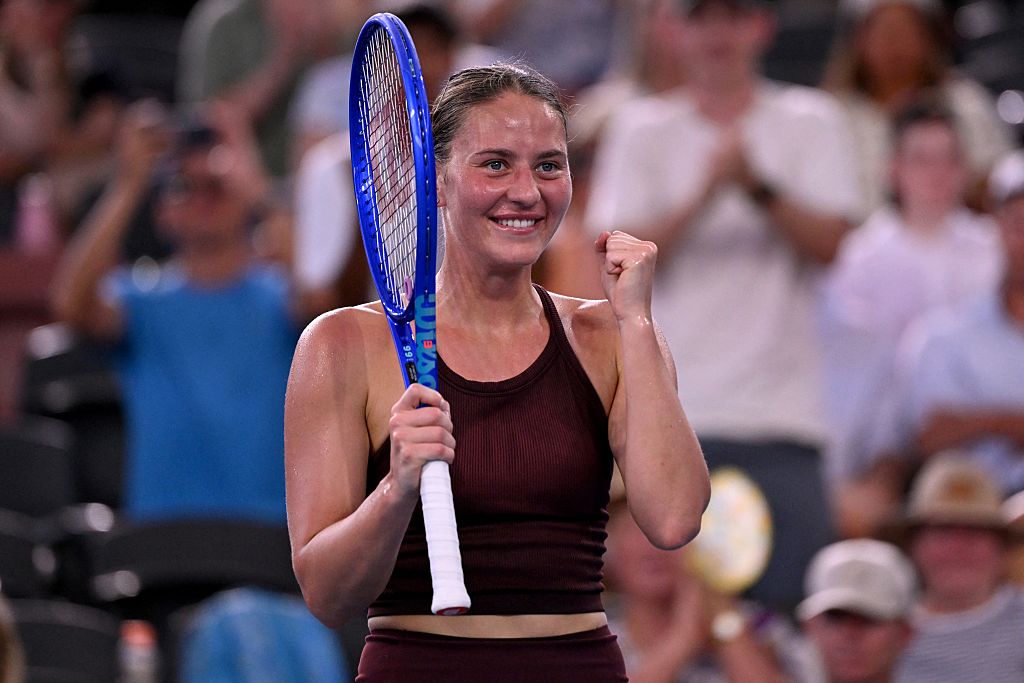 Marta Kostyuk of Ukraine celebrates winning her women's singles semi-final match against Jessica Pegula of the US at the Brisbane International tennis tournament in Brisbane on January 10, 2026. (Photo by William WEST / AFP via Getty Images) / --IMAGE RESTRICTED TO EDITORIAL USE - STRICTLY NO COMMERCIAL USE--