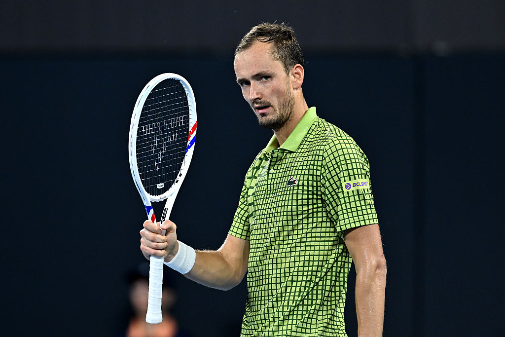 BRISBANE, AUSTRALIA - JANUARY 09: Daniil Medvedev of Russia celebrates a point in his Men's Singles Quarter Final match against Kamil Majchrzak of Poland during day six of the 2026 Brisbane International at Pat Rafter Arena on January 09, 2026 in Brisbane, Australia. (Photo by Albert Perez/Getty Images)