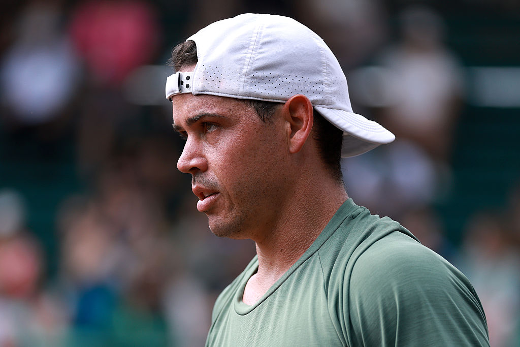 HOUSTON, TEXAS - APRIL 01: Alex Bolt of Australia looks on while playing against Tomas Martin Etcheverry of Argentina during the Singles match on Day 3 of the Fayez Sarofim & Co. U.S. Men's Clay Court Championship at River Oaks Country Club on April 01, 2026 in Houston, Texas.  (Photo by Kenneth Richmond/Getty Images)