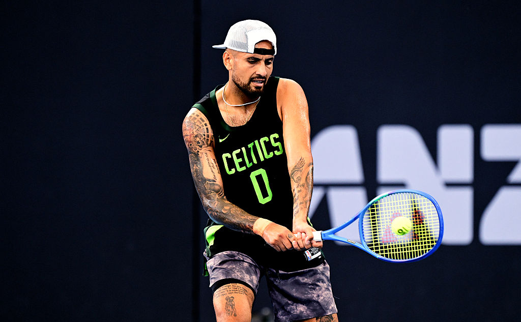 BRISBANE, AUSTRALIA - JANUARY 03: Nick Kyrgios of Australia plays a backhand ahead of the 2026 Brisbane International at Pat Rafter Arena on January 03, 2026 in Brisbane, Australia. (Photo by Bradley Kanaris/Getty Images)