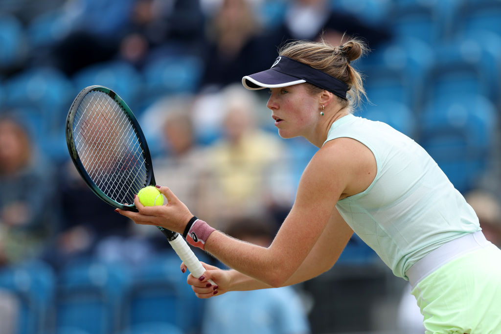 SURBITON, ENGLAND - JUNE 08: Olivia Gadecki of Australia in action during her victory in the ITF Semi Final match against Tatjana Maria during the Lexus Surbiton Trophy at Surbiton Racket & Fitness Club on June 08, 2024 in Surbiton, England. (Photo by Christopher Lee/Getty Images for LTA)