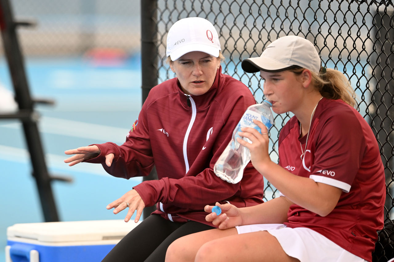 Team Manager Emma Hayman chats with Jovana Petrovic during the Australian Team Championships 2022, Under 15's event on the Gold Coast on Thursday, June 30, 2022. MANDATORY PHOTO CREDIT Tennis Australia/ BRADLEY KANARIS