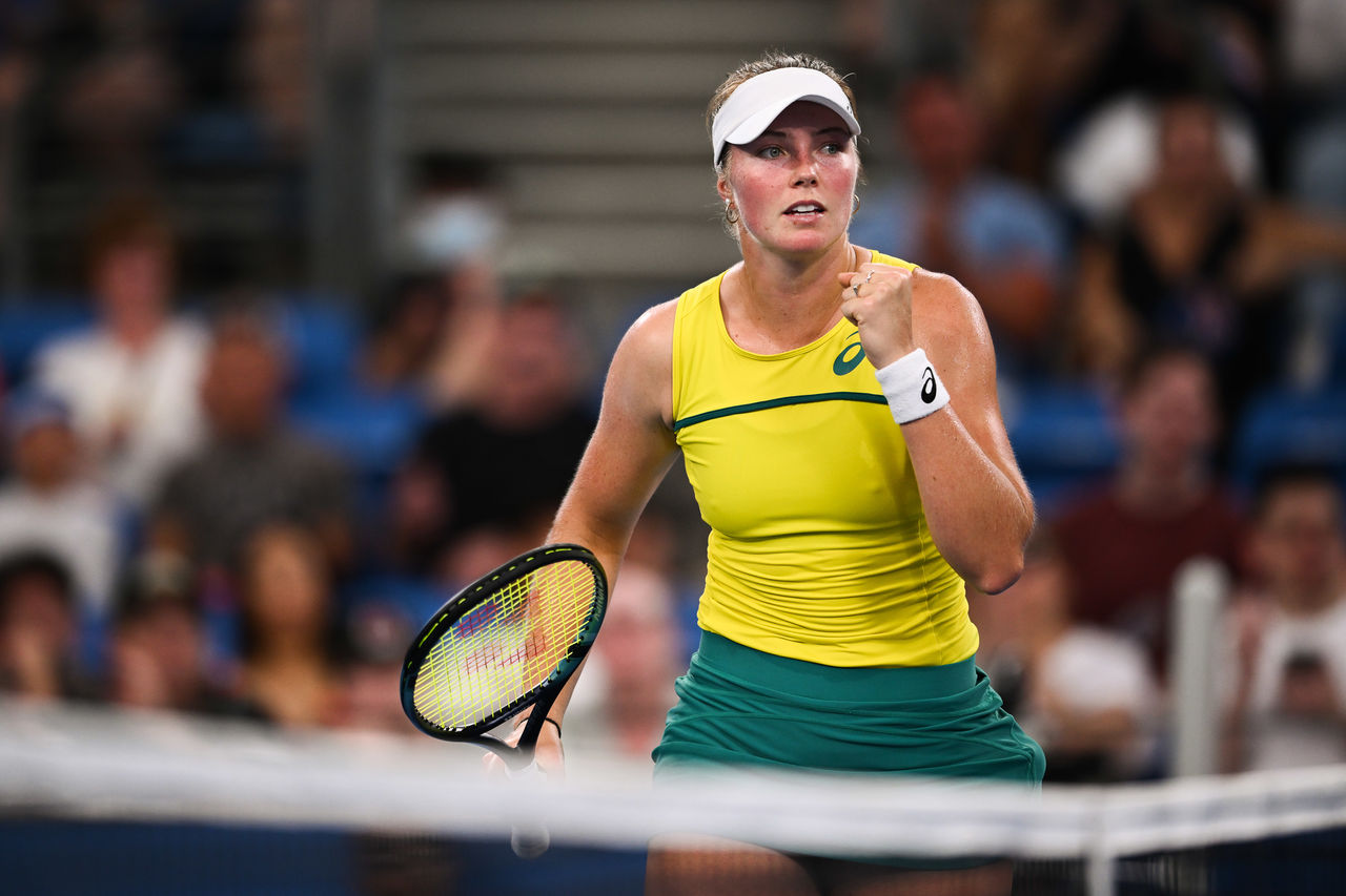 Olivia Gadecki of Team Australia plays Jessica Bouzas Maneiro of Team Spain on Ken Rosewall Arena during their Group D match on Day 6 of the 2023 United Cup in Sydney on Tuesday, January 3, 2023. MANDATORY PHOTO CREDIT Tennis Australia/ James Gourley