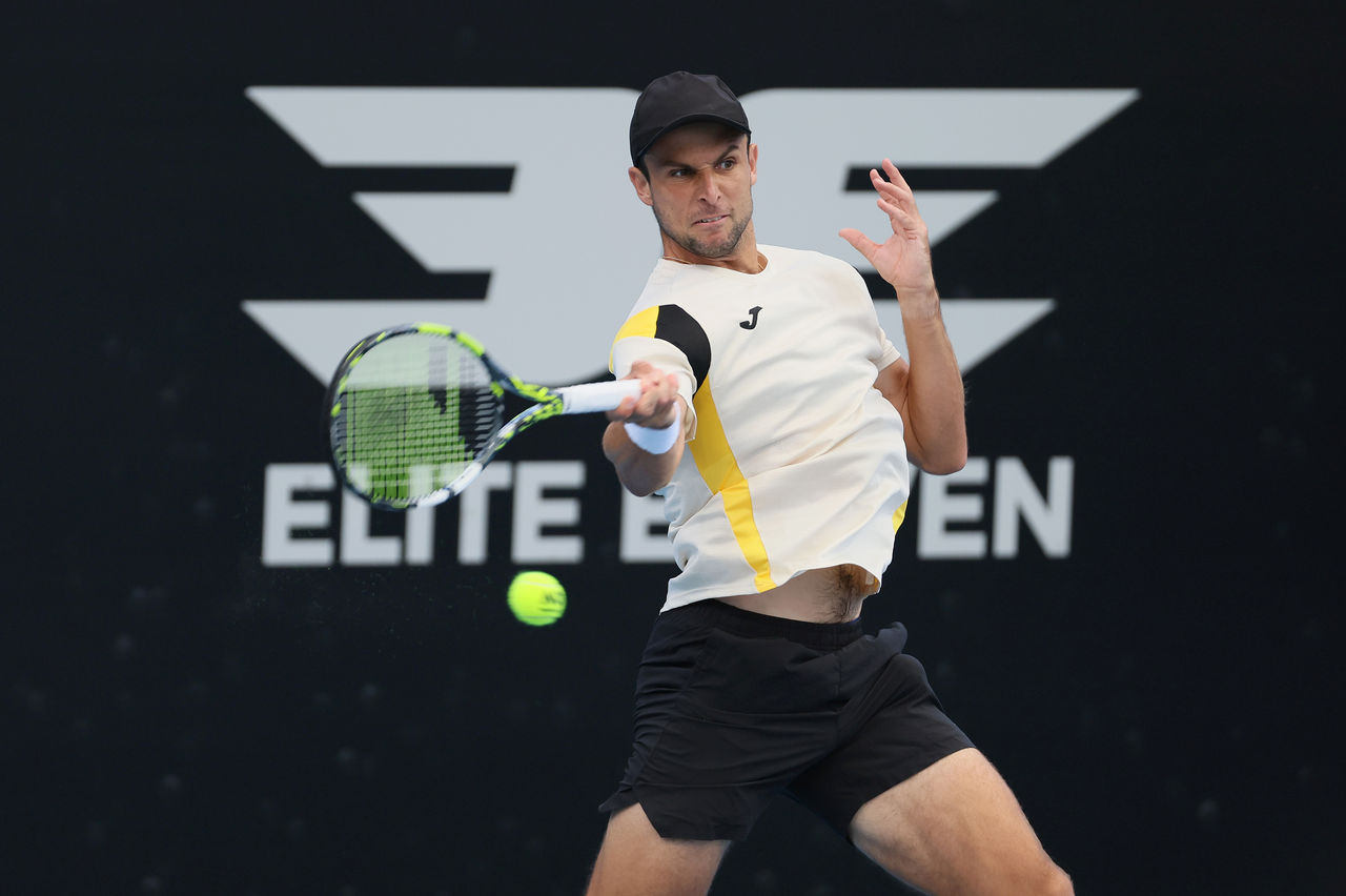 January 11: Aleksandar Vukic (AUS) hits a forehand during qualifying before the Adelaide International at The Drive on Sunday, January 11, 2026. Photo by TENNIS AUSTRALIA/ JAMES ELSBY