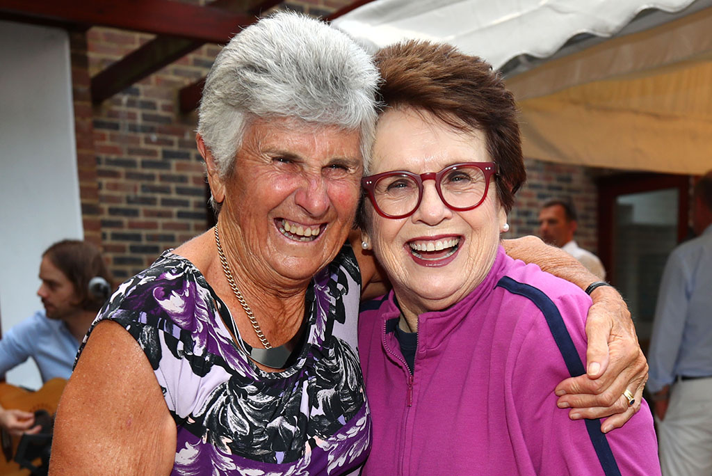 LONDON, ENGLAND - JULY 06:  Judy Dalton and 1968 Wimbledon champion Bille Jean King pose for a photo at Tennis Australia's annual Aussie Wimbledon barbecue, honouring 1968 runner-up Judy Dalton, on July 6, 2018 in London, England.  (Photo by Clive Brunskill/Getty Images)