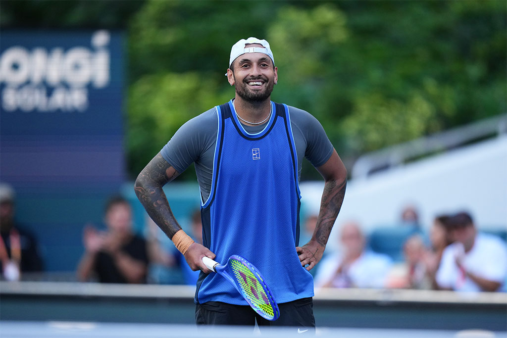 MIAMI GARDENS, FLORIDA - MARCH 19: Nick Kyrgios of Australia reacts against Mackenzie McDonald of the United States during their match on Day 2 at Hard Rock Stadium on March 19, 2025 in Miami Gardens, Florida. (Photo by Rich Storry/Getty Images)