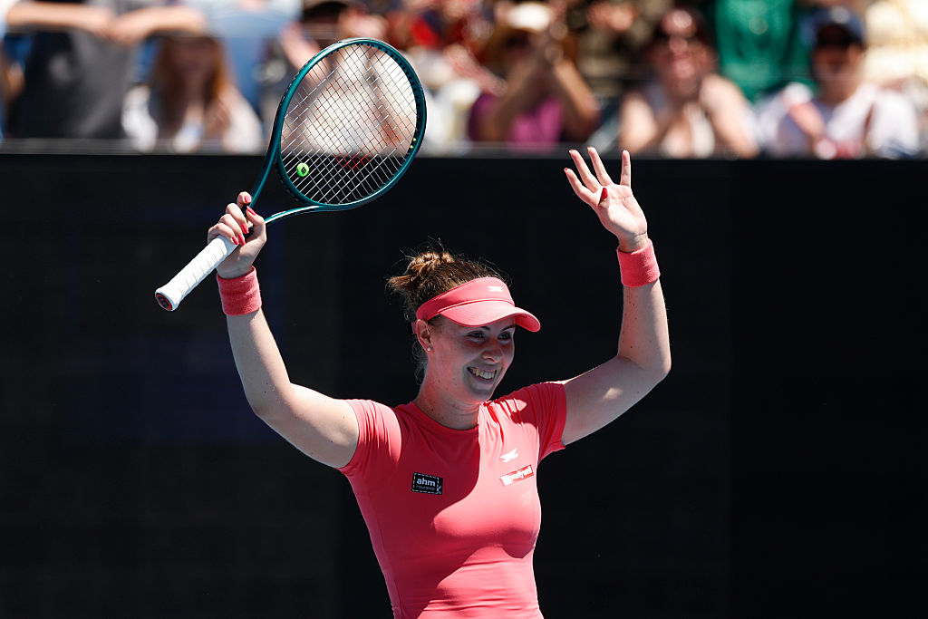 MELBOURNE, AUSTRALIA - JANUARY 18: Talia Gibson of Australia celebrates her victory against Anna Blinkova in the Women's Singles First Round during day one of the 2026 Australian Open at Melbourne Park on January 18, 2026 in Melbourne, Australia. (Photo by Darrian Traynor/Getty Images)