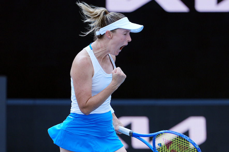 January 14: Storm Hunter (AUS) during the Round 2 Women’s Qualifier on Kia Arena prior to the 2026 Australian Open Wednesday, January 14, 2026. Photo by TENNIS AUSTRALIA/GEORGE SALPIGTIDIS