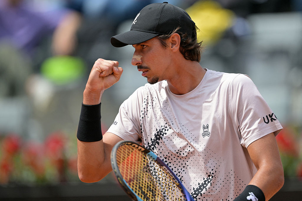 Australian Alexei Popyrin celebrates a point against Italian Matteo Berrettini during the ATP Rome Open tennis tournament at Foro Italico in Rome on May 7, 2026. (Photo by Tiziana FABI / AFP via Getty Images)