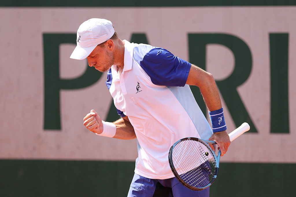 PARIS, FRANCE - MAY 24: James Duckworth of Australia celebrates a point during his Men's Singles first round match against Gabriel Diallo of Canada on Day One of the 2026 French Open at Roland Garros on May 24, 2026 in Paris, France. (Photo by Dan Istitene/Getty Images)