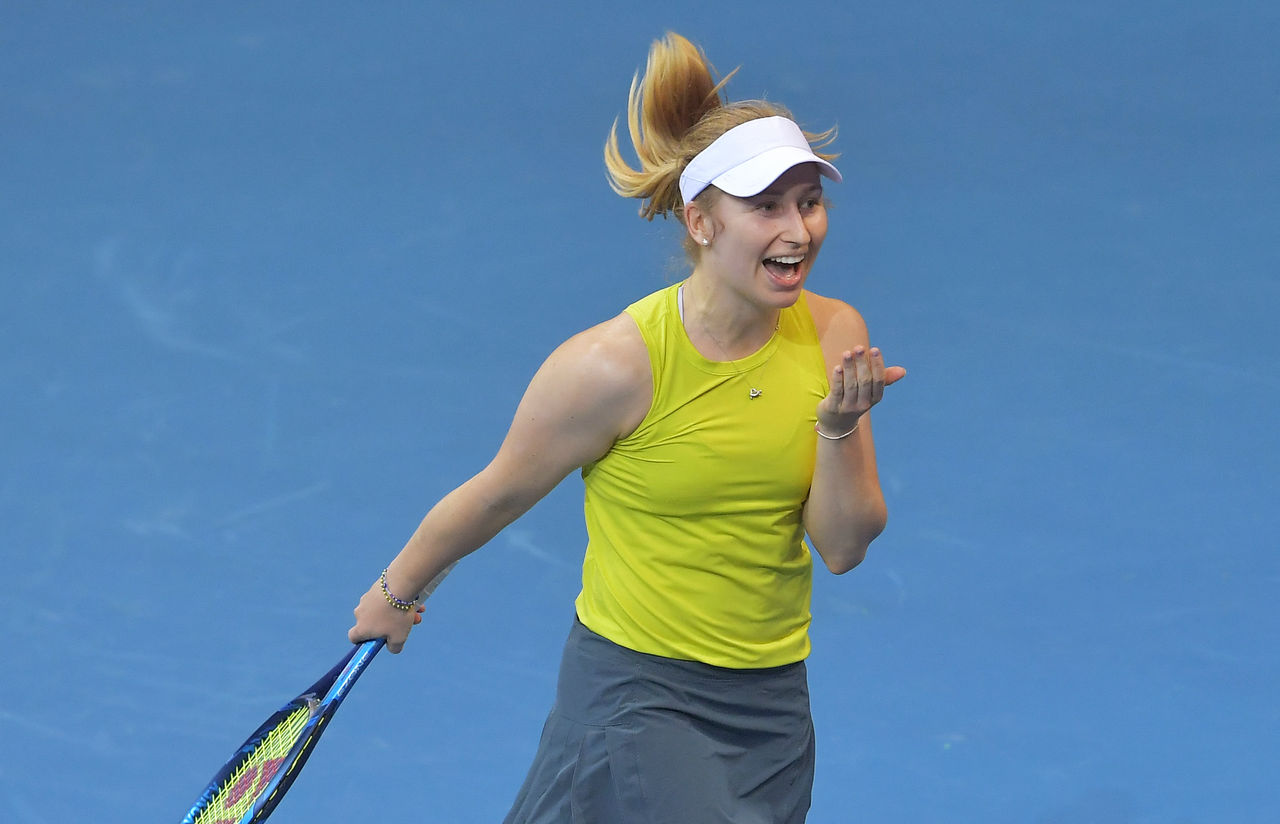 Daria Gavrilova of Australia reacts after defeating Greet Minnen of Belgium in the group match during the Billie Jean King Cup finals between Australia and Belgium at the O2 Arena on November 2, 2021 in Prague, Czech Republic. (Photo by Michal Cizek / AFP) (Photo by MICHAL CIZEK/AFP via Getty Images)