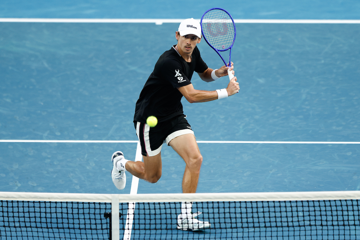 January 15: Alex De Minaur (AUS) in action during an exhibition match on Rod Laver Arena during Opening Week prior to the 2026 Australian Open Thursday, January 15, 2026. Photo by TENNIS AUSTRALIA/DYLAN BURNS