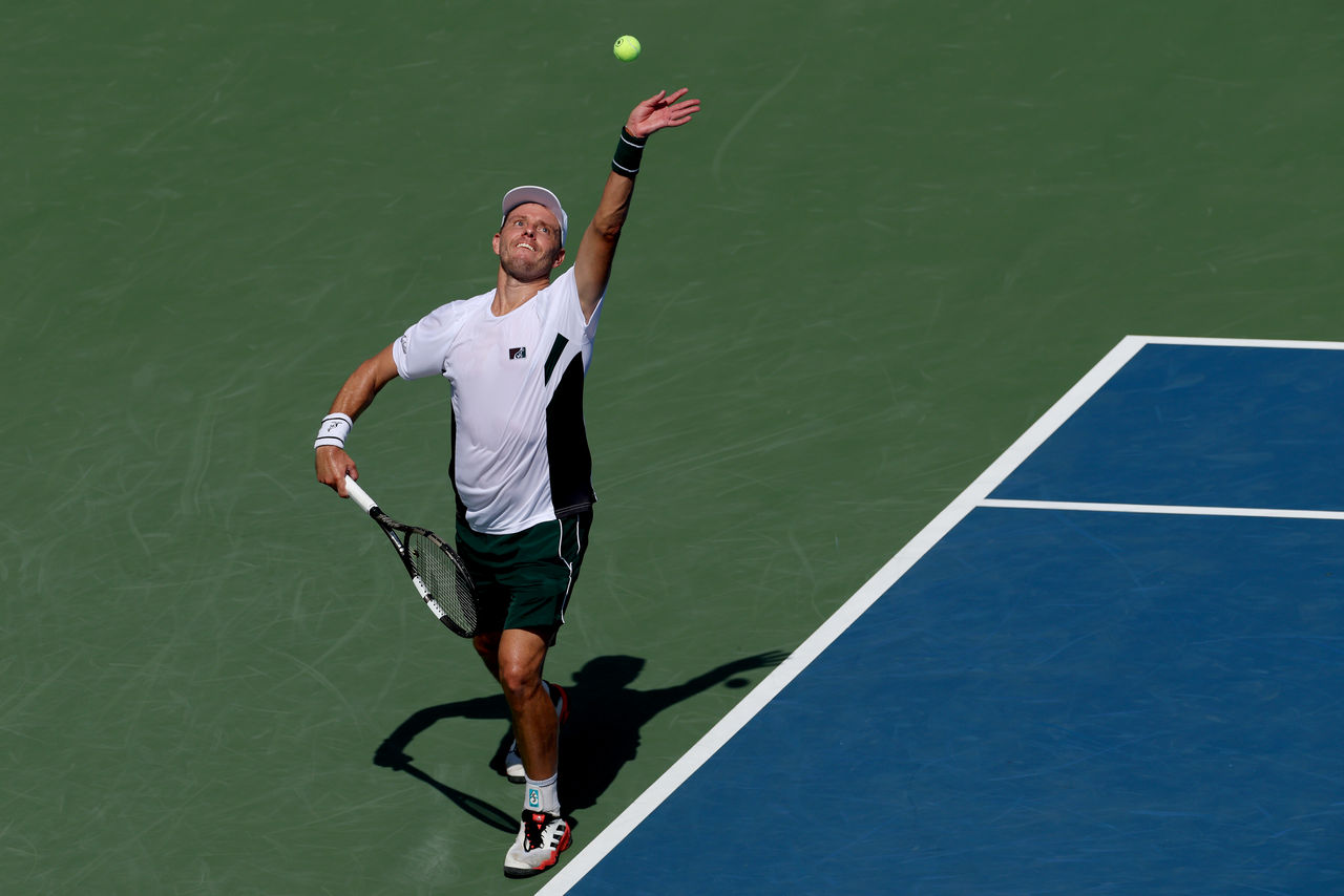 TORONTO, ONTARIO - JULY 29: James Duckworth of Australia 
 serves to Lorenzo Musetti of Italy during the National Bank Open Presented by Rogers at Sobeys Stadium on July 29, 2025 in Toronto, Ontario. (Photo by Matthew Stockman/Getty Images)