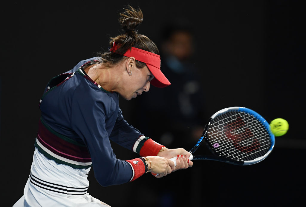 ADELAIDE, AUSTRALIA - JANUARY 06: Ajla Tomljanovic of Australia hits a backhand in her match against Sofia Kenin of USA during day five of the 2022 Adelaide International at Memorial Drive on January 06, 2022 in Adelaide, Australia. (Photo by Mark Brake/Getty Images)