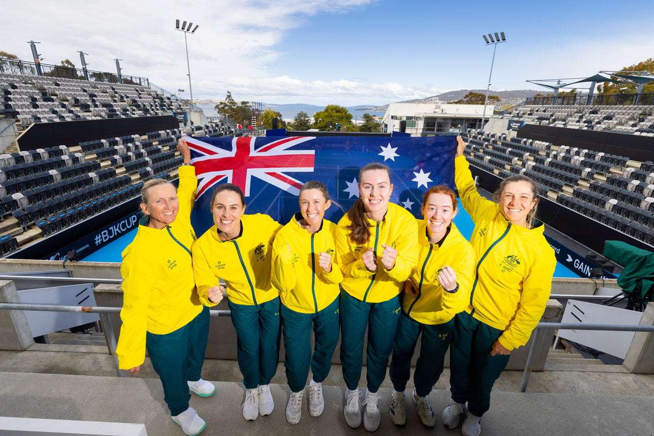 Australia's Billie Jean King Cup interim Captain Nicole Pratt with Kimberly Birrell, Storm Hunter, Talia Gibson, Maya Joint and Ellen Perez in Hobart. Photo: Tennis Australia/Richard Dupe