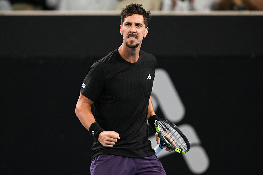 Australia's Thanasi Kokkinakis reacts during his men's singles match against USA's Sebastian Korda during the Adelaide International tennis tournament in Adelaide on January 12, 2026. (Photo by Michael ERREY / AFP via Getty Images) / -- IMAGE RESTRICTED TO EDITORIAL USE - STRICTLY NO COMMERCIAL USE --