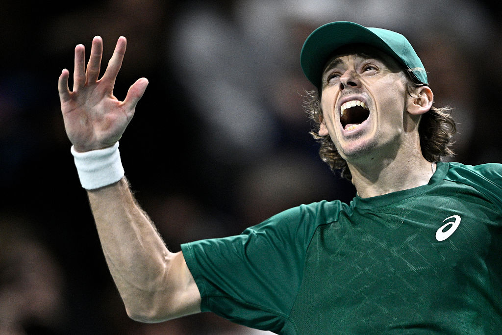 Australia's Alex De Minaur celebrates after winning against Russia's Karen Khachanov following their men's singles match on day four of the Paris ATP Masters 1000 tennis tournament at the Paris La Défense Arena in Nanterre, on the outskirts of Paris, on October 30, 2025. (Photo by JULIEN DE ROSA / AFP) (Photo by JULIEN DE ROSA/AFP via Getty Images)          