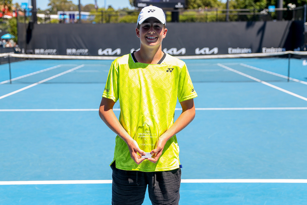 January 30: Tommy Camus (AUS) during the Presentation for the U14 Asia-Pacific Elite Trophy at the 2026 Australian Open at Melbourne Park Friday, January 30, 2026. Photo by TENNIS AUSTRALIA/DYLAN PARKER