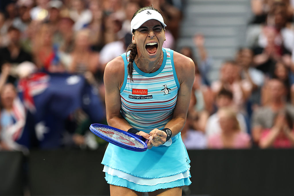 MELBOURNE, AUSTRALIA - JANUARY 19: Ajla Tomljanovic of Australia celebrates her victory against Yuliia Starodubtseva of Ukraine in the Women's Singles First Round during day two of the 2026 Australian Open at Melbourne Park on January 19, 2026 in Melbourne, Australia. (Photo by Phil Walter/Getty Images)