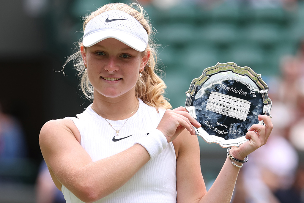 LONDON, ENGLAND - JULY 14:  Emerson Jones of Australia poses with her Girl's Singles Runner-Up Trophy following defeat against Renata Jamrichova of Slovakia in the Girl's Singles Final during day fourteen of The Championships Wimbledon 2024 at All England Lawn Tennis and Croquet Club on July 14, 2024 in London, England. (Photo by Sean M. Haffey/Getty Images)