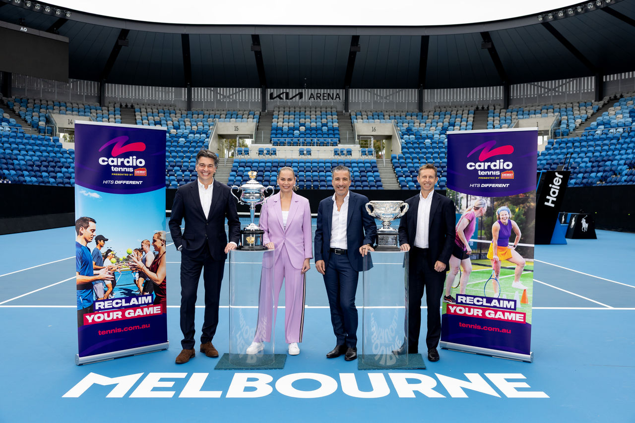 December 16: Cedric Cornelis, Jelena Dokic, Chemist Warehouse COO Mario Tascone and Tom Larner at a Chemist Warehouse partnership announcement at Kia Arena, Melbourne Park on Tuesday, December 16, 2025. Photo by TENNIS AUSTRALIA/FIONA HAMILTON