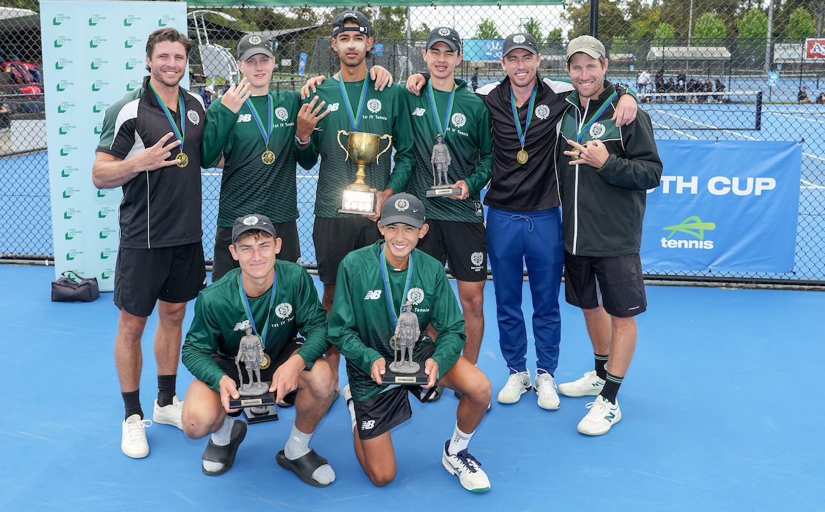 November 27: Trophy presentation for Boys Gold medal - Brisbane Boys College during the Gallipoli Youth Cup (National High School Championships) at the Traralgon Tennis Association on Wednesday, November 26, 2025. Photo by TENNIS AUSTRALIA/GEORGE SALPIGTIDIS