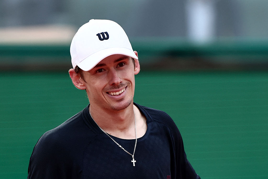 Australia's Alex De Minaur reacts as he plays against Monaco's Valentin Vacherot during the Monte Carlo ATP Masters Series Tournament quarter final tennis match on Court Rainier III at the Monte-Carlo Country Club in Roquebrune-Cap-Martin, south-eastern France on April 10, 2026. (Photo by Thibaud MORITZ / AFP via Getty Images)