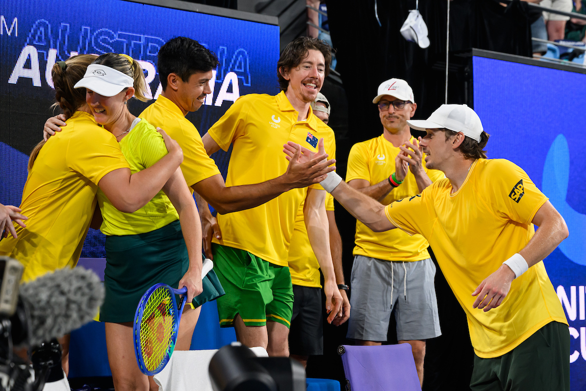 January 6: Alex De Minaur (AUS) and Storm Hunter (AUS) celebrate winning their match between Australia and Czechia at the United Cup in Sydney at Sydney Olympic Park Tennis Centre Tuesday, January 6, 2026. Photo by TENNIS AUSTRALIA/ JAMES GOURLEY