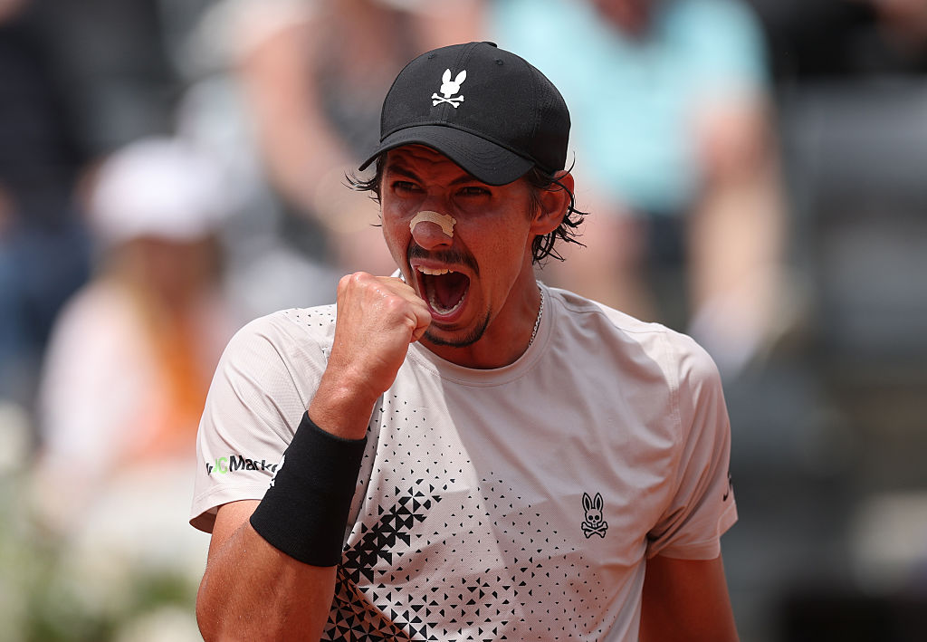 ROME, ITALY - MAY 07: Alexei Popyrin of Australia celebrates winning a point against Matteo Berrettini of Italy in the Men’s Singles Round of 128 match during day three of the Internazionali BNL D'Italia at Foro Italico on May 07, 2026 in Rome, Italy. (Photo by Julian Finney/Getty Images)