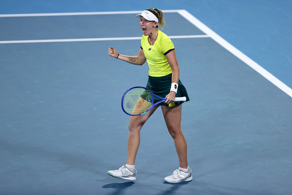 SYDNEY, AUSTRALIA - JANUARY 03: Storm Hunter of Team Australia celebrates match point in the Group D Women's Singles match against Malene Helgo of Team Norway during the United Cup at Ken Rosewall Arena on January 03, 2026 in Sydney, Australia. (Photo by Jason McCawley/Getty Images)