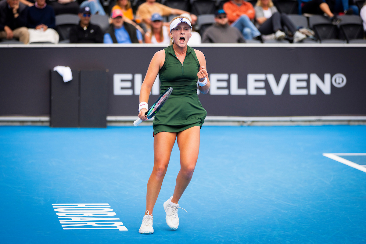 January 16: Taylah Preston (AUS) in action in her semi-final match at the Hobart International at the Domain Tennis Centre on Friday, January 16, 2026. Photo by TENNIS AUSTRALIA/ RICHARD JUPE