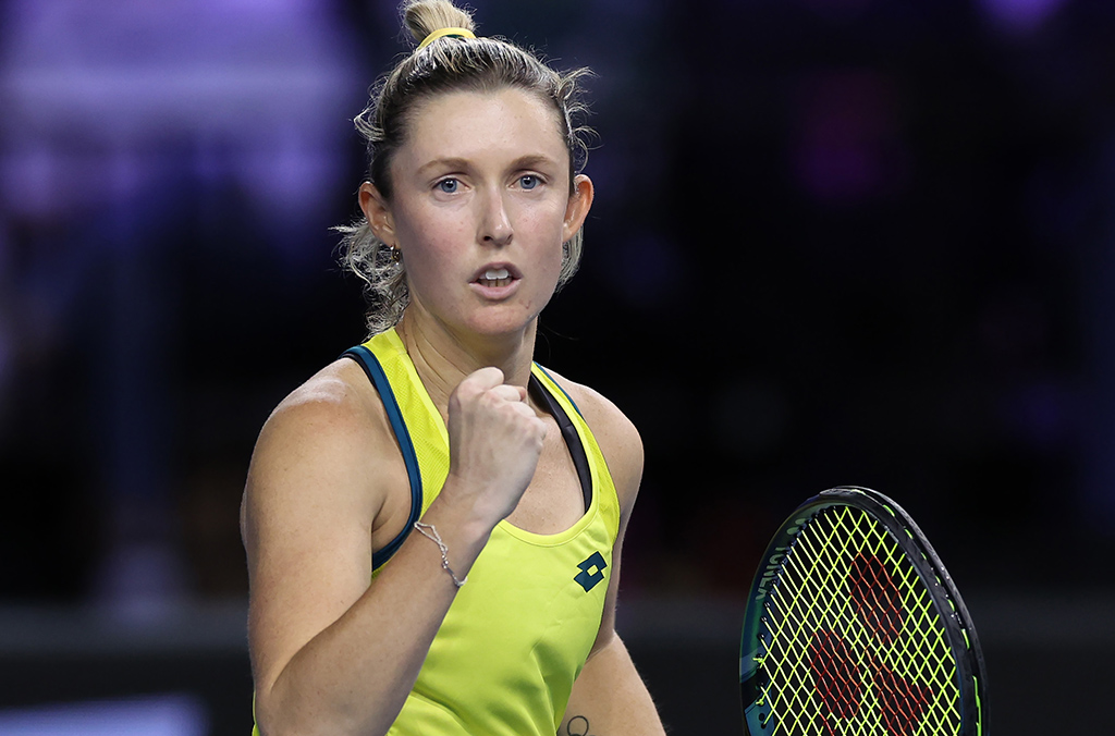 GLASGOW, SCOTLAND - NOVEMBER 13: Storm Sanders of Australia celebrates a point against Jil Teichmann of Switzerland during their match in the final of the Billie Jean King Cup at Emirates Arena on November 13, 2022 in Glasgow, Scotland. (Photo by Ian MacNicol/Getty Images for LTA)