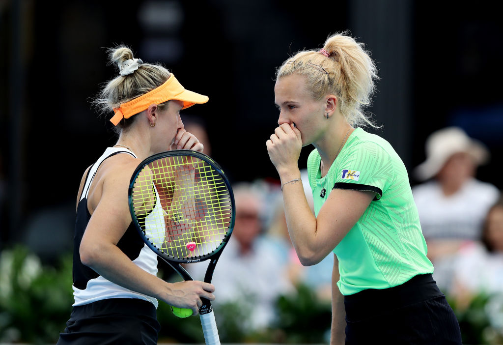 ADELAIDE, AUSTRALIA - JANUARY 07:   Storm Hunter of Australia and Katerina Siniakova of Czechoslovakia competes against Asia Muhammad of the USA and  Taylor Townsend of the USA during day seven of the 2023 Adelaide International at Memorial Drive on January 07, 2023 in Adelaide, Australia. (Photo by Sarah Reed/Getty Images)