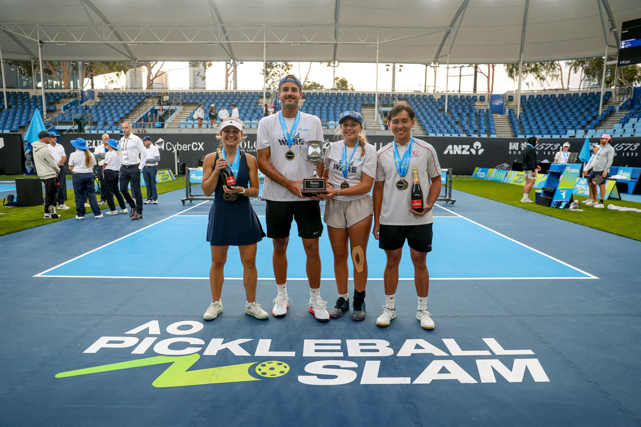 February 1: AO Pickleball Slam Trophy Presentation on ANZ Arena at the 2026 Australian Open at Melbourne Park Sunday, February 1, 2026. Photo by TENNIS AUSTRALIA/DYLAN PARKER
