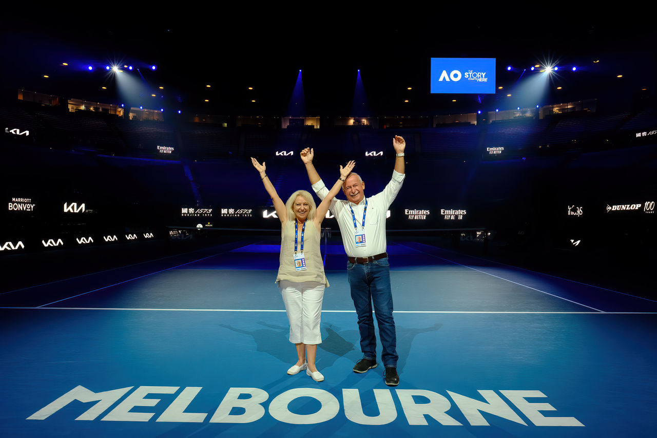 ATF Lottery winners Lynette and William Byrnes are given a behind the scenes tour at the 2023 Australian Open in Melbourne on Sunday, January 29, 2023. MANDATORY PHOTO CREDIT Tennis Australia/ LUIS ASCUI