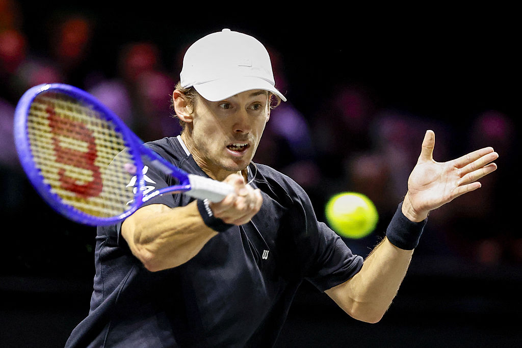 Australia's Alex de Minaur plays a forehand return to France's Arthur Fils during their Rotterdam Open ATP tournament tennis match in Rotterdam on February 10, 2026. (Photo by Bas CZERWINSKI / ANP / AFP via Getty Images) / Netherlands OUT