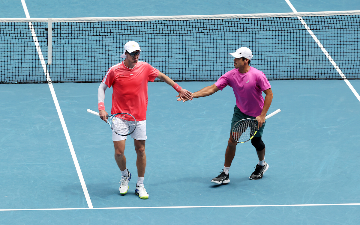 January 29:  (L) Marc Polmans (AUS) and (R) Jason Kubler (AUS) on Rod Laver Arena during the Mens Doubles semi final at the 2026 Australian Open at Melbourne Park Thursday, January 29, 2026. Photo by TENNIS AUSTRALIA/HAMISH BLAIR
