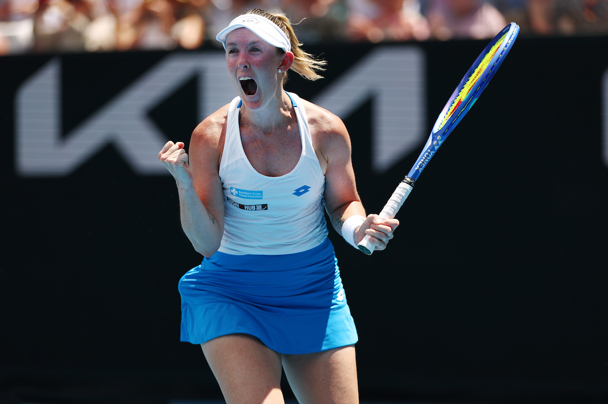 January 19: Storm Hunter (AUS) celebrates her win on KIA Arena during Round 1 at the 2026 Australian Open at Melbourne Park Monday, January 19, 2026. Photo by TENNIS AUSTRALIA/JOSH CHADWICK