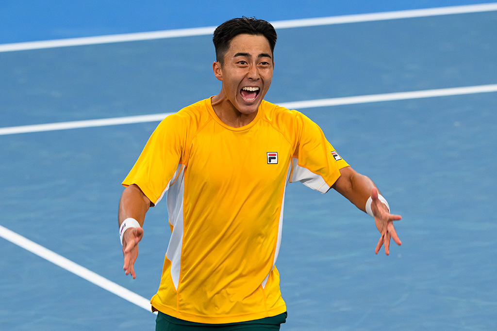 September 14: Jordan Thompson (AUS) and Rinky Hijikata (AUS) celebrate victory on Ken Rosewall Arena Sunday, September 14, 2025. Photo by TENNIS AUSTRALIA/ JAMES GOURLEY