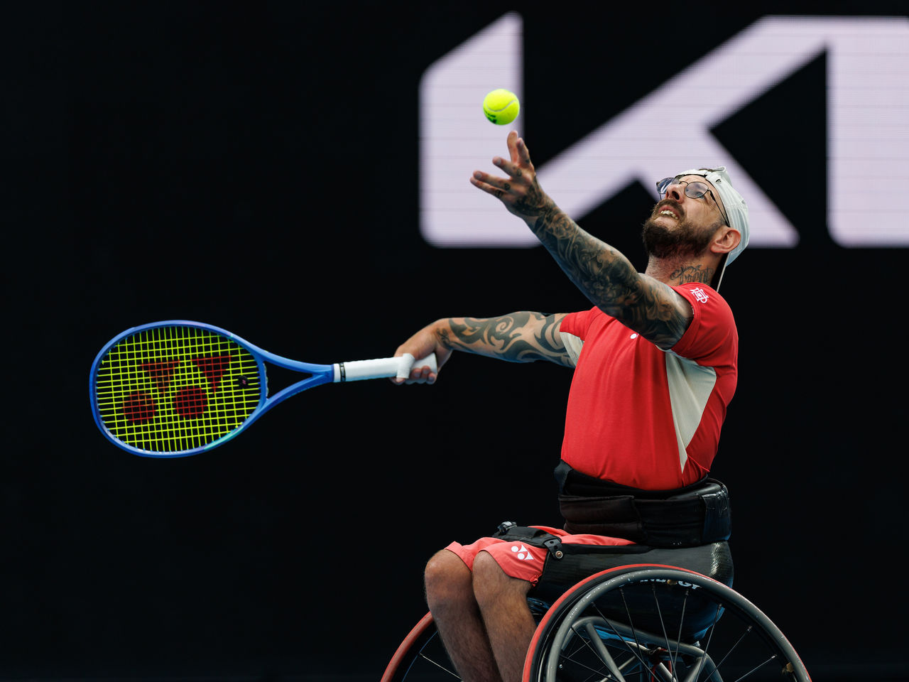 January 23: Andy Lapthorne (GBR) and Sam Schroder (NED) with Heath Davidson (AUS) and Robert Shaw (CAN) during Quad Wheelchair Doubles Semifinals on KIA Arena at the Australian Open at Melbourne Park on Thursday, January 23, 2025. Photo by TENNIS AUSTRALIA/ MARK PETERSON