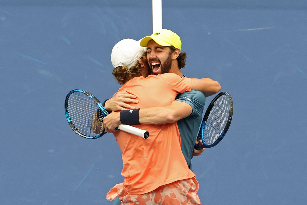 NEW YORK, NEW YORK - SEPTEMBER 07: Jordan Thompson (R) and Max Purcell (L) of Australia celebrate after defeating Kevin Krawietz and Tim Puetz of Germany in their Men's Doubles Final match on Day Thirteen of the 2024 US Open at USTA Billie Jean King National Tennis Center on September 07, 2024 in the Flushing neighborhood of the Queens borough of New York City. (Photo by Al Bello/Getty Images)