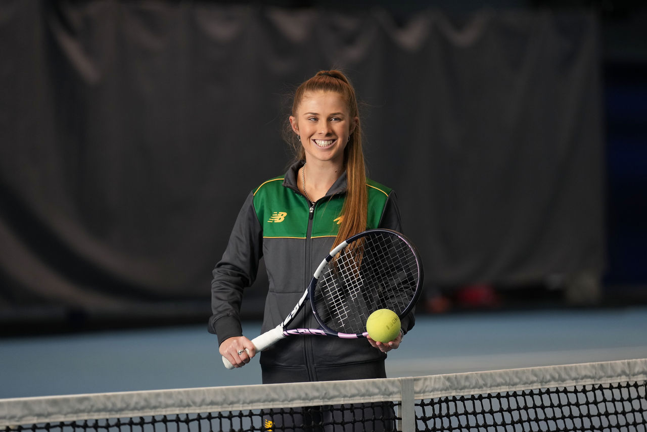 Courtney Webeck poses for a photo as the Australian Blind Low Vision tennis team receive their Green and Gold uniforms at the National Tennis Centre, Melbourne on Thursday, July 13, 2023. MANDATORY PHOTO CREDIT TENNIS AUSTRALIA/ SCOTT BARBOUR