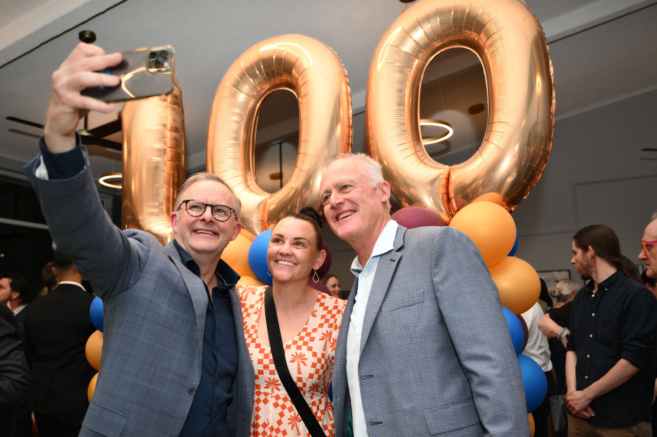 Prime Minister of Australia, Anthony Albanese, Casey Dellacqua and John Fitzgerald at the Marrickville Tennis Club in Sydney on September 16, 2023, celebrating the club's 100th anniversary. Photo by TENNIS AUSTRALIA/JAMES GOURLEY