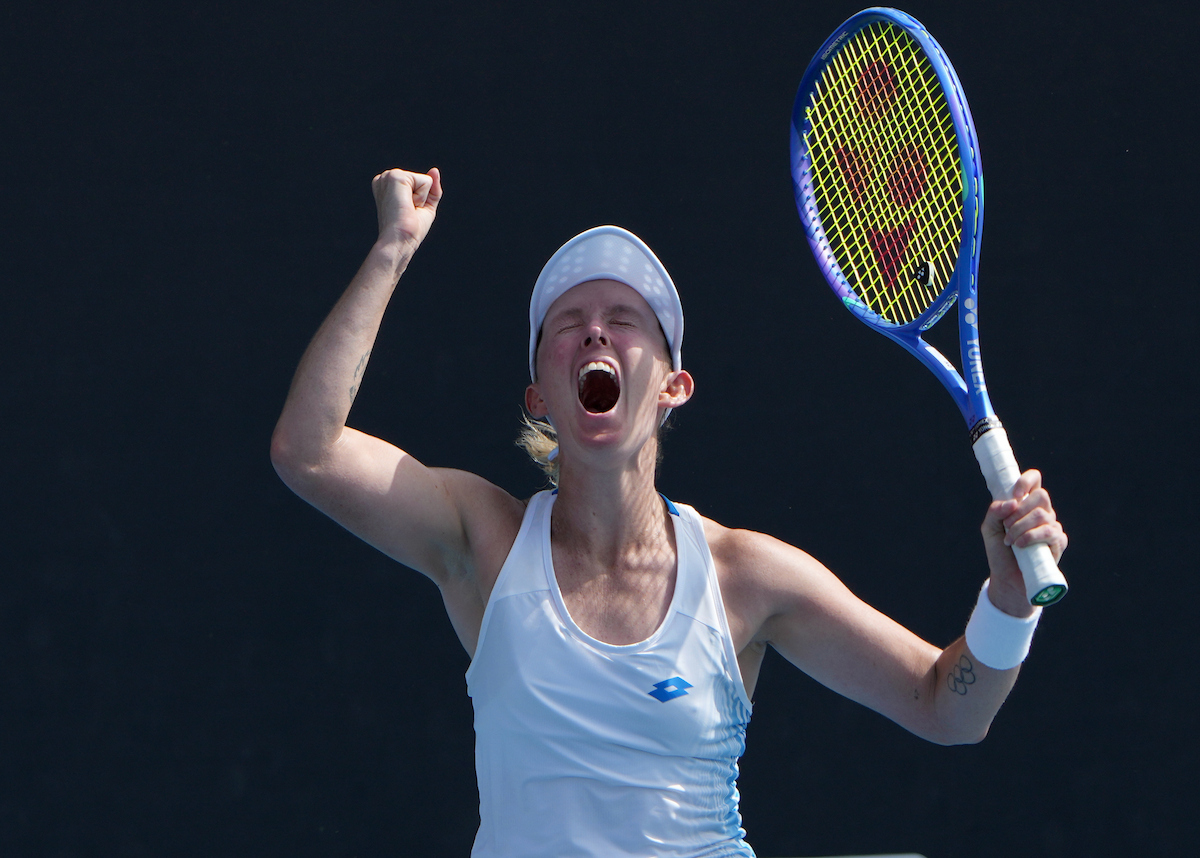 January 15: Storm Hunter (AUS) celebrates her quarterfinal win on Court 6 at the 2026 Australian Open at Melbourne Park Thursday, January 15, 2026. Photo by TENNIS AUSTRALIA/GEORGE SALPIGTIDIS