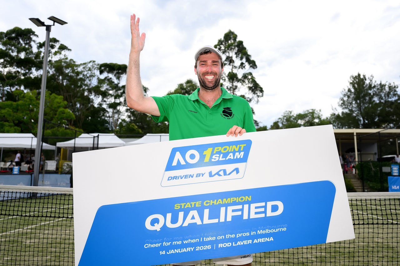 December 21: Winner Jordan Smith celebrates after the AO 1 Point Slam New South Wales State Championships at the Northern Suburbs Tennis Association on Sunday, December 21, 2025. Photo by TENNIS AUSTRALIA/ STEVEN MARKHAM