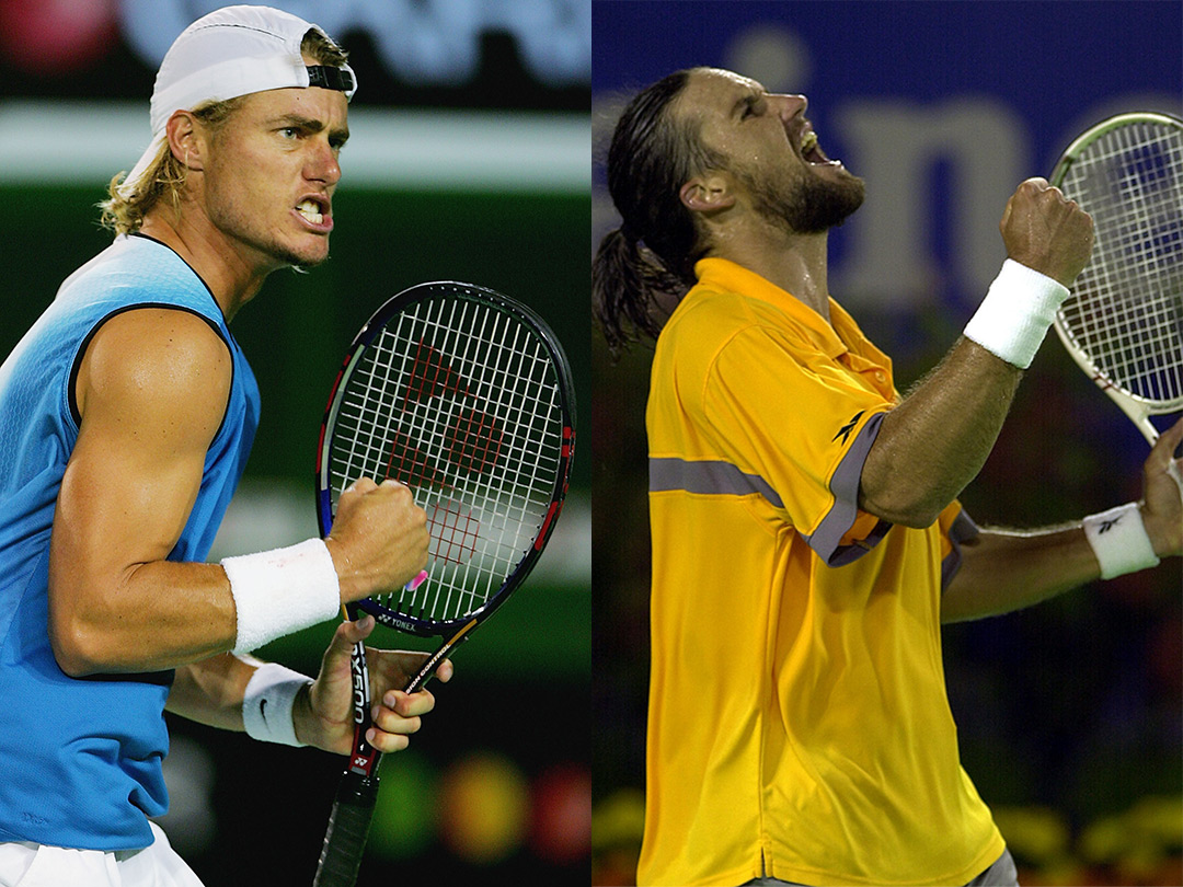 Lleyton Hewitt (2005) and Pat Rafter (2001) competing at the Australian Open. Photo credit: Getty Images 