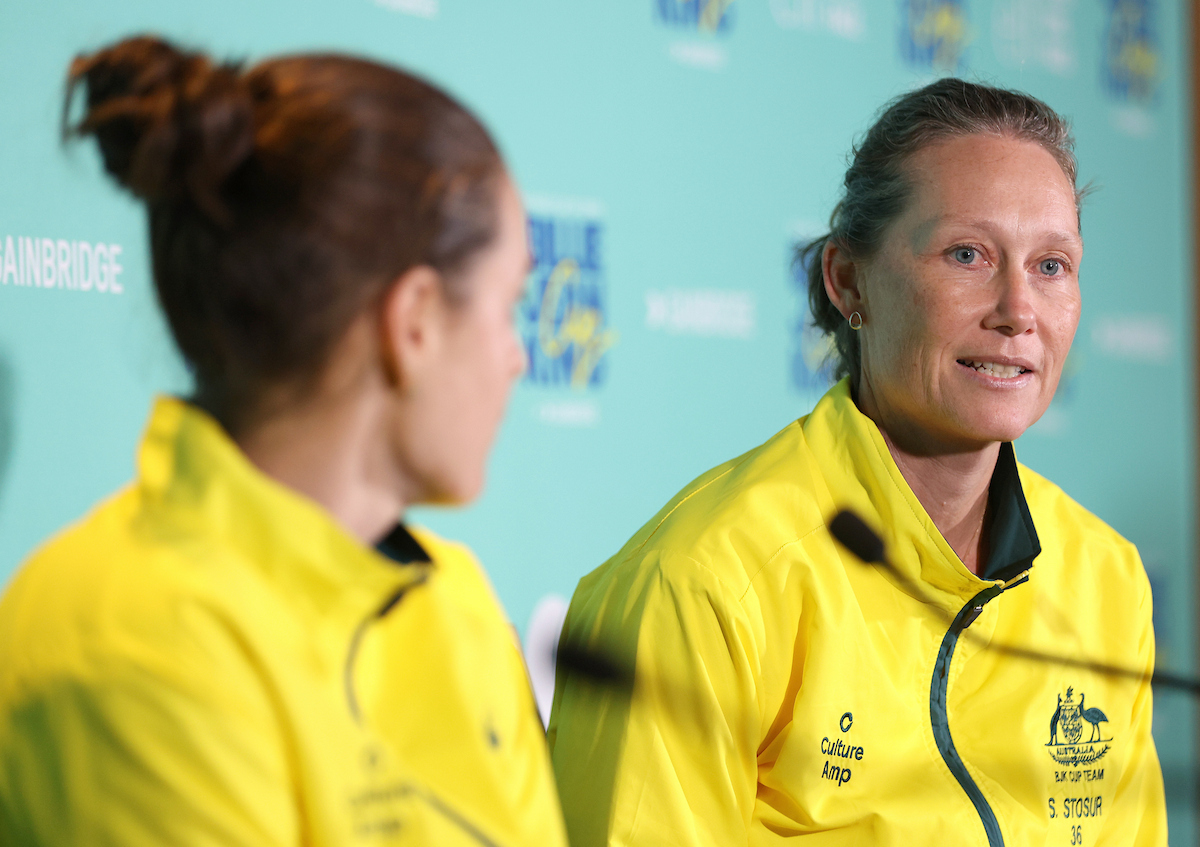 April 10: Samantha Stosur (AUS) and Kimberly Birrell (AUS)during press conference at John Cain Arena on Friday, April 10, 2026 during the Billie Jean King Cup  AUSTRALIA V’S GBR Photo by TENNIS AUSTRALIA/HAMISH BLAIR
