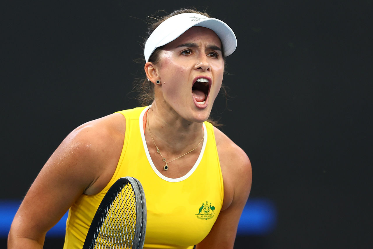 BRISBANE, AUSTRALIA - APRIL 12: Arina Rodionova of Australia celebrates a point in her match against Giuliana Olmos of Mexico during the Billie Jean King Cup Qualifier tie between Australia and Mexico at Pat Rafter Arena on April 12, 2024 in Brisbane, Australia. (Photo by Chris Hyde/Getty Images)