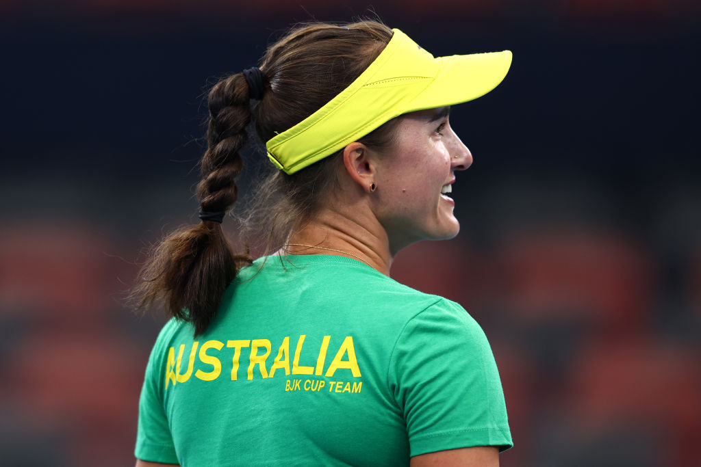 BRISBANE, AUSTRALIA - APRIL 10: Arina Rodionova during a practice session ahead of the Billie Jean King Cup Qualifier between Australia and Mexico, at Pat Rafter Arena on April 10, 2024 in Brisbane, Australia. (Photo by Chris Hyde/Getty Images)